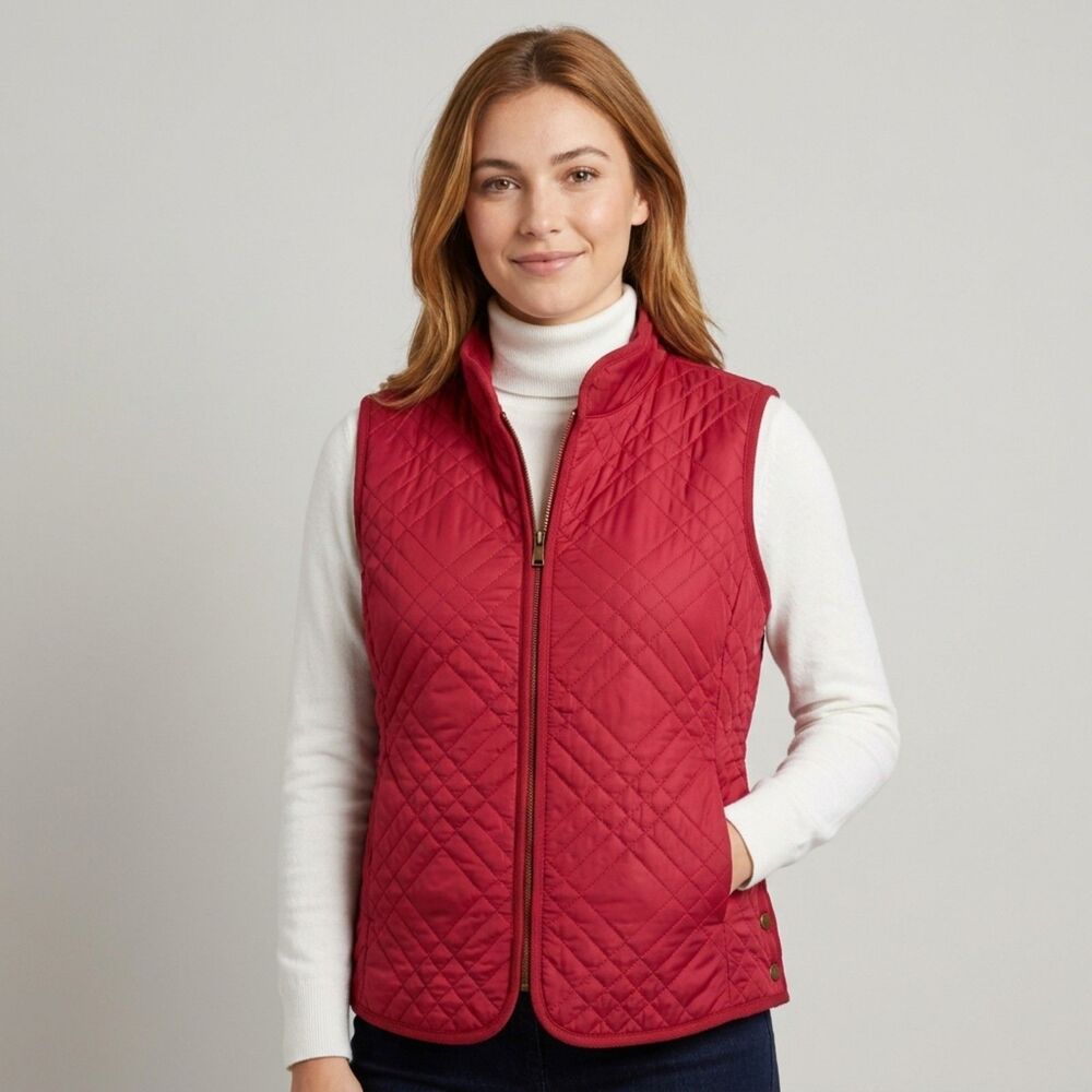 J Jill Quilted Vest Petite Medium Red Corduroy Trim Pockets Full Zip Relaxed Fit